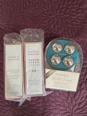 FOREO Bear 2 Body Device and Supercharged Serum 2.0 — Teal and Rose Gold.
